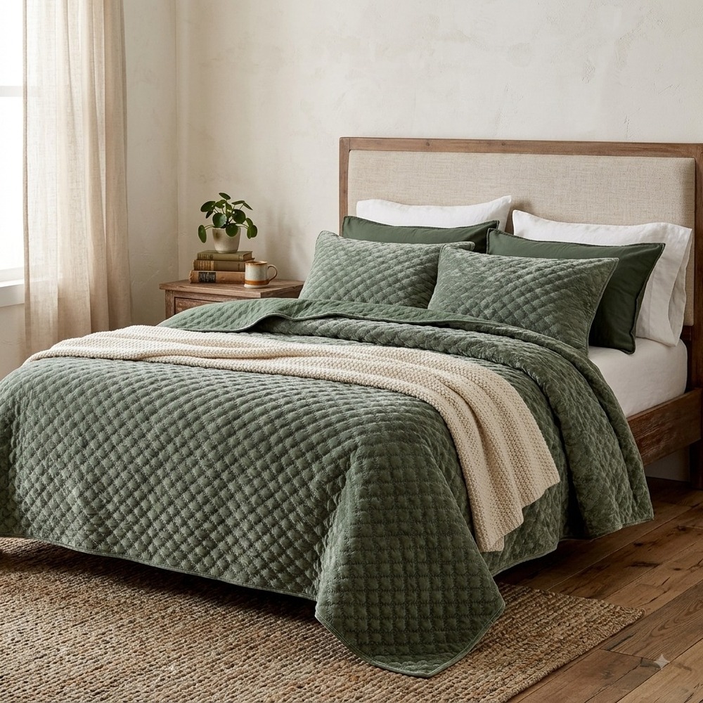 Zera Green 100% Velvet 5 piece Comforter Set Queen